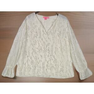 Lilly Pulitzer Miriam Silk Top Coconut Fish Clip Chiffon Gold Blouse Size Large